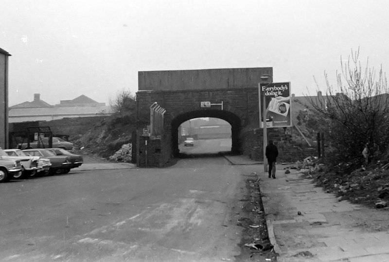 #23 This bridge used to carry the line to the east side of the Bute West dock. This is Tyndall Street looking west towards Herbert Street, Cardiff, March 1974