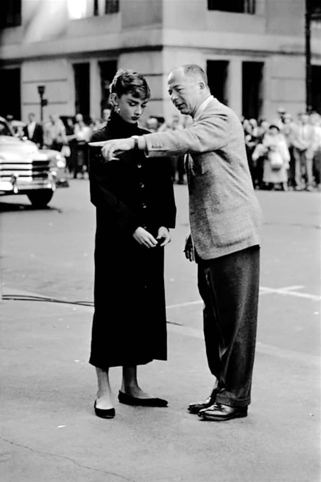 #7 Audrey Hepburn being directed by Billy Wilder on location in New York City for the film ‘Sabrina’, Stock, 1954