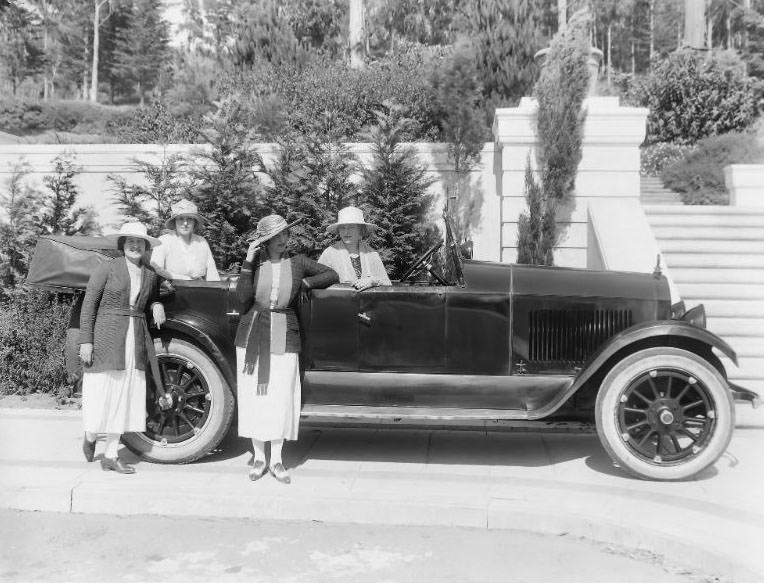A group of well-dressed women pictured with a Cole Motor Car convertible in San Francisco’s prestigious St. Francis Woods neighborhood, 1921