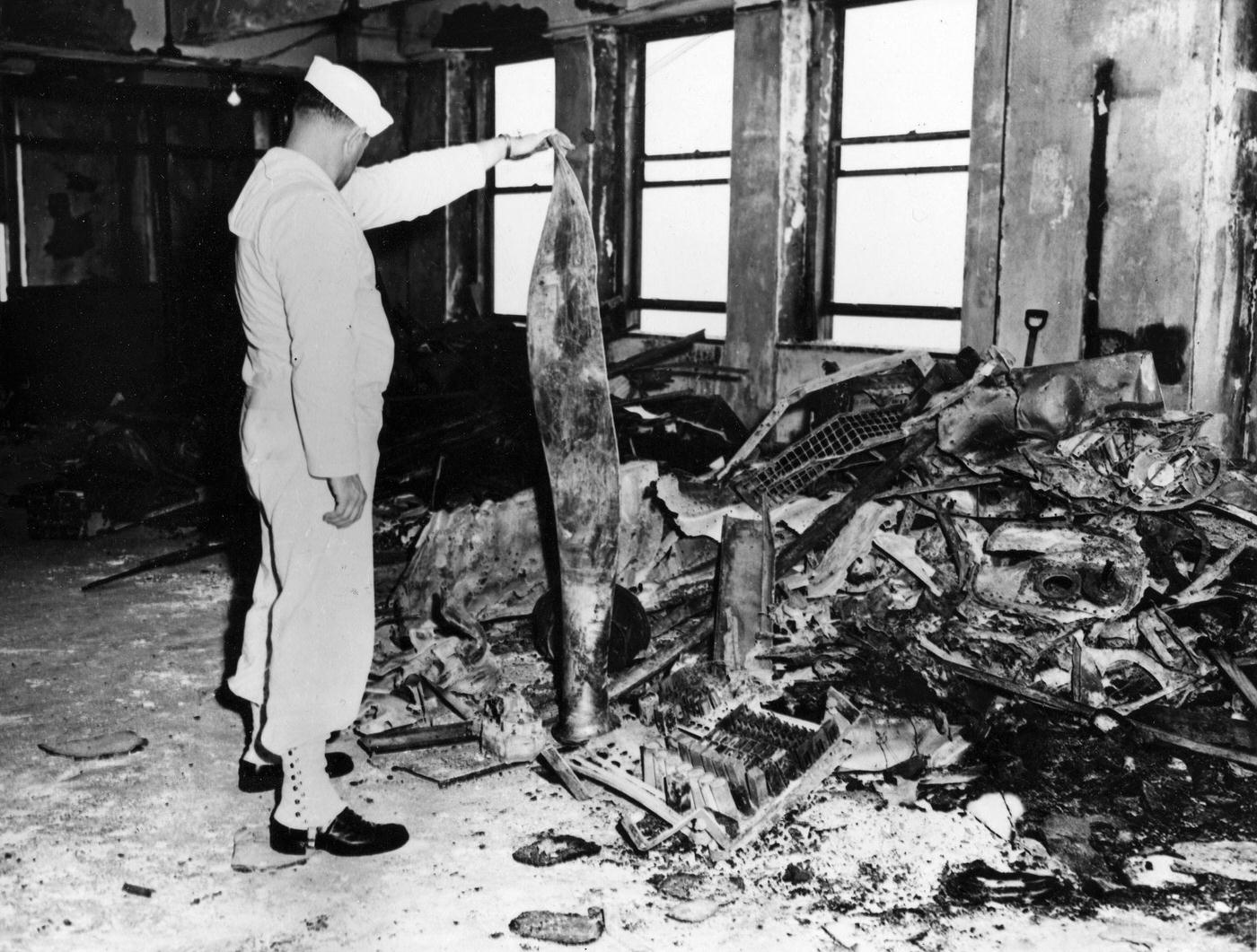 #40 One of the propellers found amongst the wreckage of the B-25 bomber which had crashed into the 78th floor of the Empire State Building in New York.