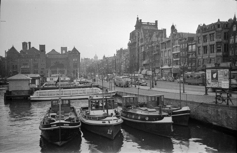 #131 Amsterdam, Boats on Damrak, Netherlands, 1950