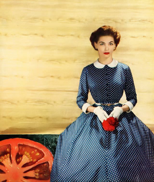 #1 Georgia Hamilton in demure polka-dot shirtdress from Henry Rosenfeld, 1952