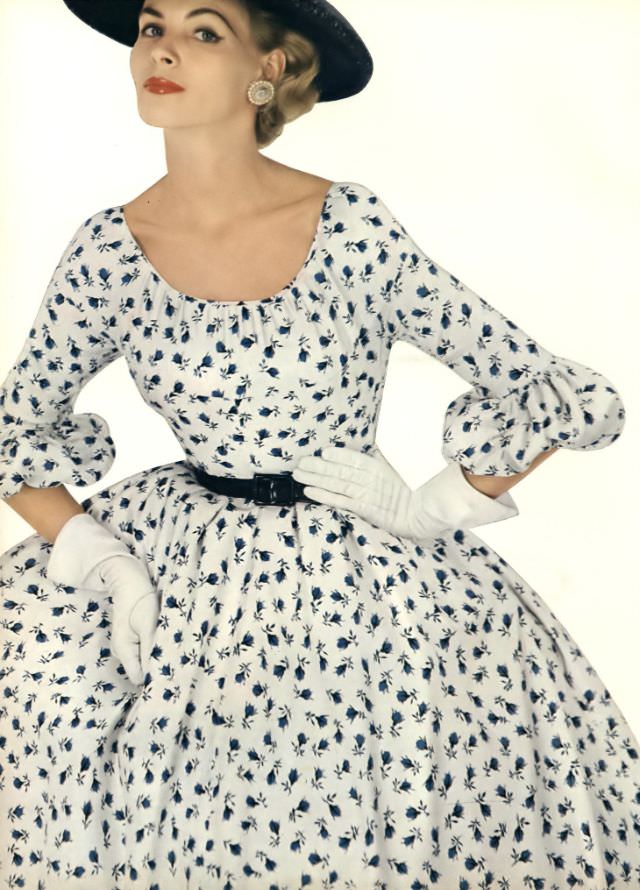 #5 Georgia Hamilton in Celanese acetate surah dress by Brigance for Sportsmaker, Vogue, January 1953