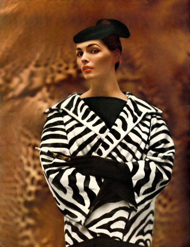 #23 Georgia Hamilton is wearing a jacket of zebra pattern printed in calfskin by Balenciaga, Harper’s Bazaar, December 1953