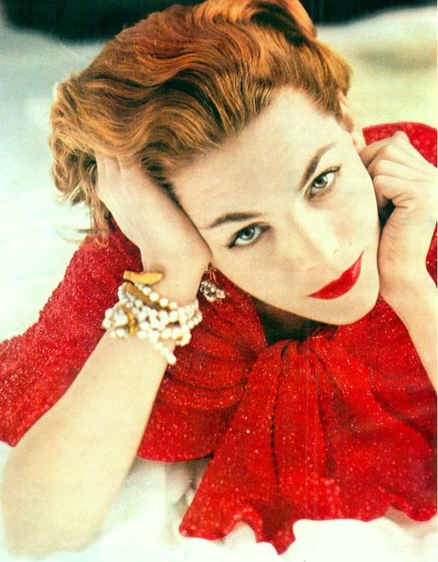#26 Georgia Hamilton in sparkling red knit shawl, May 1954