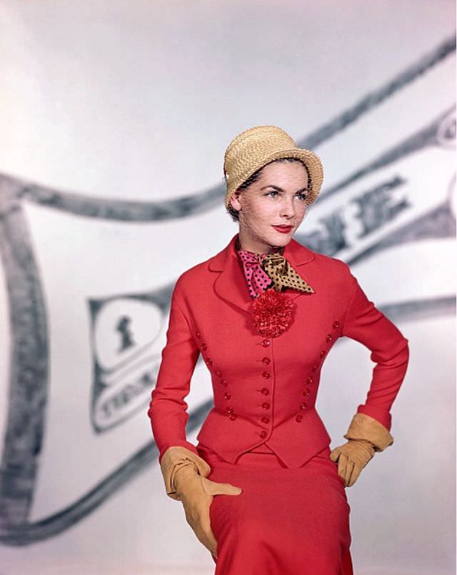 #14 Georgia Hamilton wears a red wool suit by Harry Frechtel, 1949