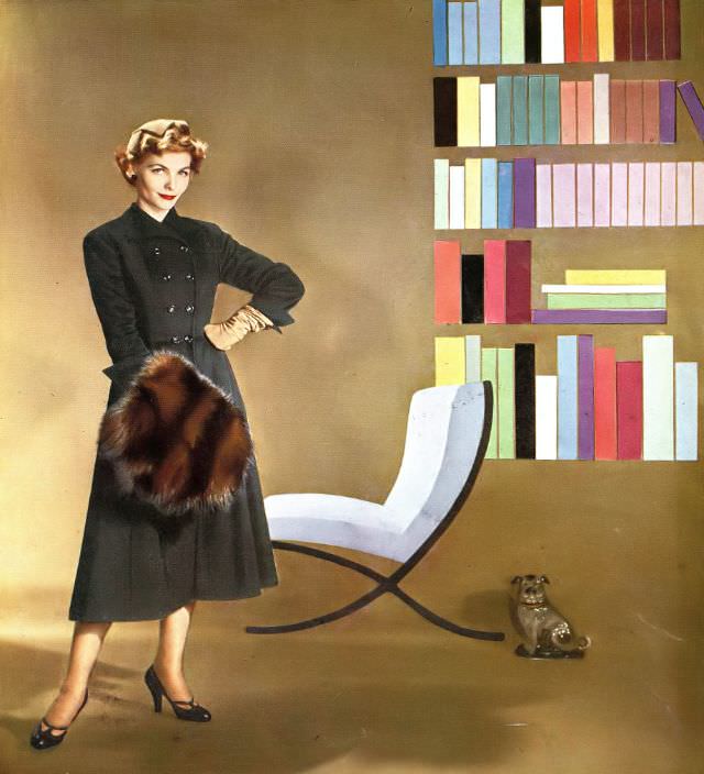 #16 Georgia Hamilton in Botany’s black broadcloth double-breasted coat with red satin lining by Handmacher, John Frederics hat, Kodachrome by Louise Dahl-Wolfe, Harper’s Bazaar, September 1951