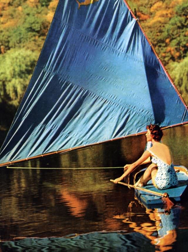#10 Model is wearing printed cotton maillot by Cole of California, photo by Gleb Derujinsky in Pound Ridge, New York, Harper’s Bazaar, 1957