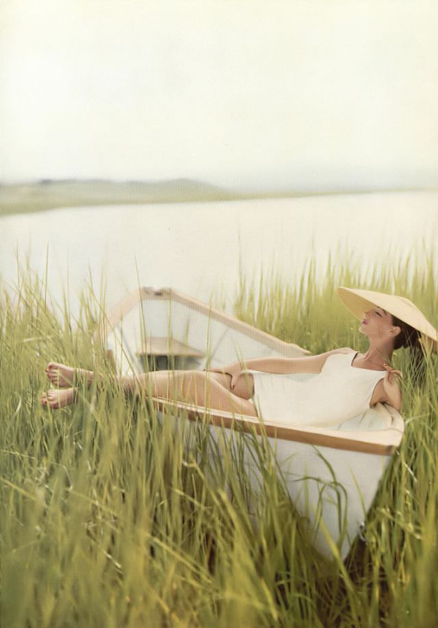 #16 Ruth Neumann Derujinsky in white bathing suit and straw hat, photo by Gleb Derujinsky, Harper’s Bazaar UK, July 1958