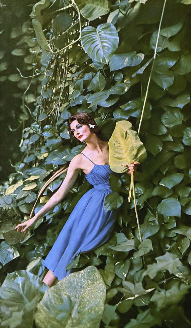#20 Carmen Dell’Orefice in lovely blue evening dress of Supima cotton by Jerry Parnis, photo by Gleb Derujinsky, Hawaii, Harper’s Bazaar, January 1959