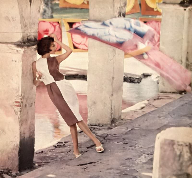 #28 Simone d’Aillencourt in linen sheath of cocoa brown and white alternating blocks by B.H. Wragge, sandals by Evins, photo by Gleb Derujinsky, Harper’s Bazaar, June 1959