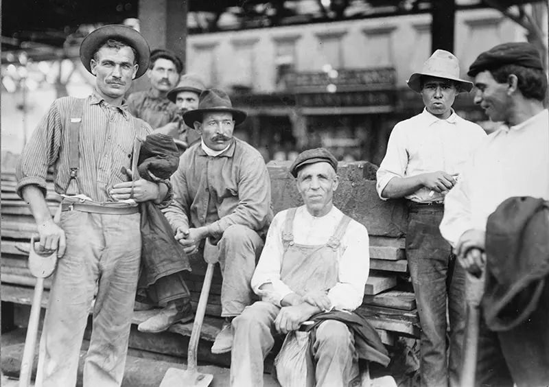 #27 Group of Italian street laborers working under Sixth Ave., New York City, 1910.