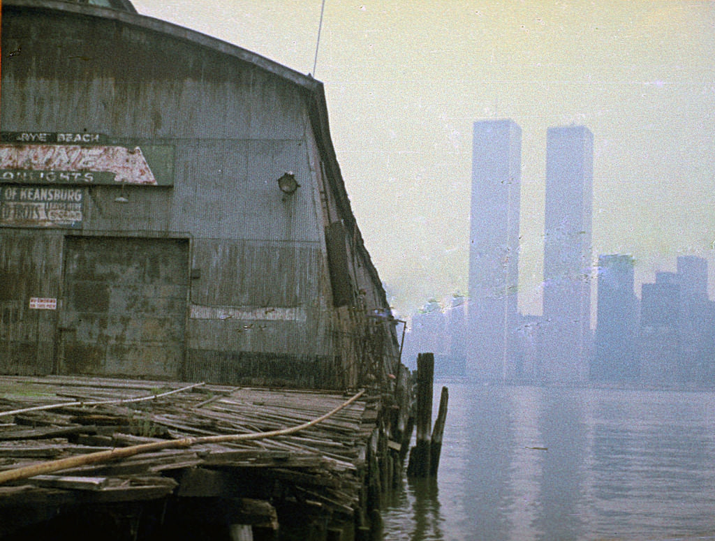 #43 Abandoned pier at Exchange Place in Jersey City with World Trade Center across the Hudson, March 1975