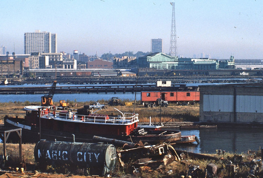 #47 Hoboken Erie Lackawanna Railroad Terminal looking from decrepit old Jersey City piers, March 1976
