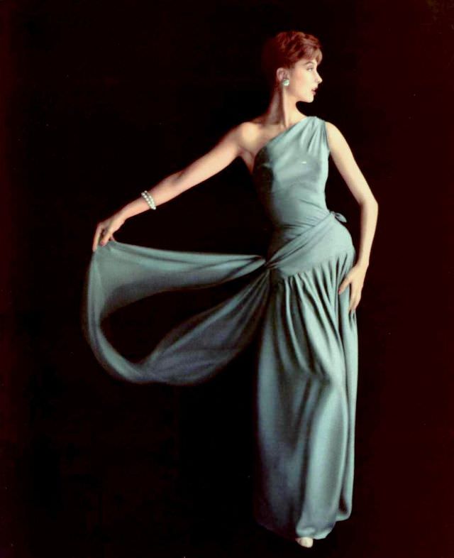 #15 Marie-Hélène Arnaud in one-shoulder crêpe de chatillon evening gown by Grès, 1955