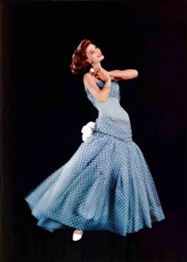 #17 Marie-Helene Arnaud in a lovely dotted mousseline evening gown by Grès, L’Officiel, 1956