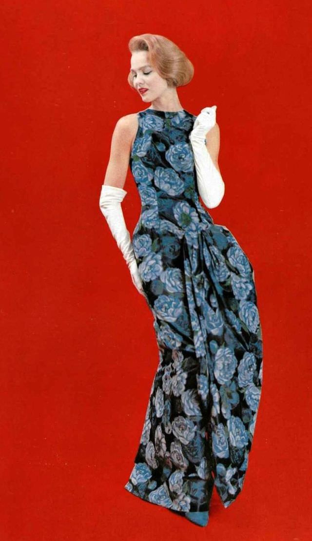 #30 Model in silk print evening gown by Grès, photo by Jacques Decaux, 1958