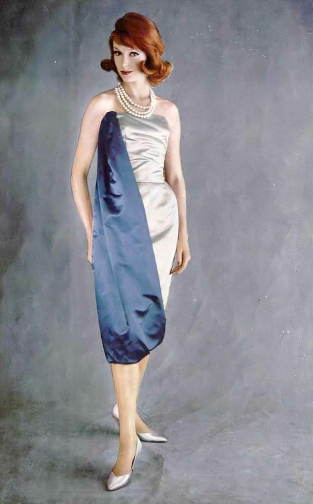#38 Model in Bianchini lunasatin cocktail dress by Grès, photo by Sabine Weiss, 1959