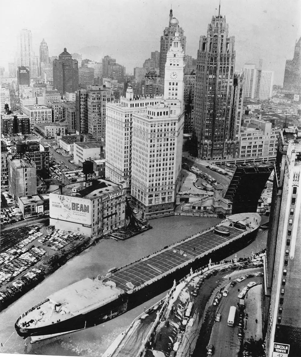 #5 Passing through Michigan Ave. Bridge, March 6, 1953. At the time, it was the largest vessel to ever travel the Mississippi River and Illinois waterways.