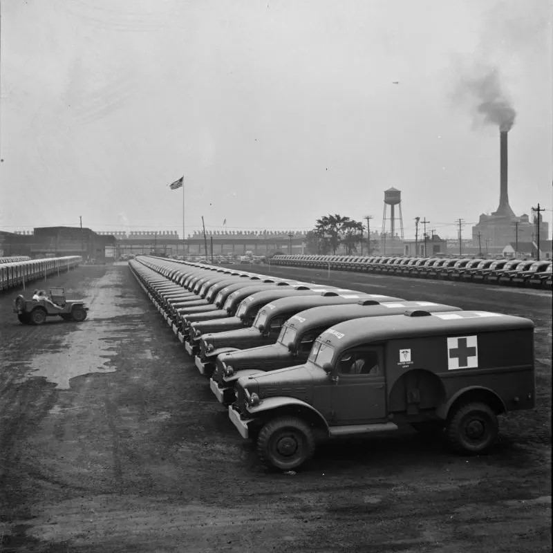 #16 Chrysler Corporation Dodge truck plant. Dodge Army ambulances are here, lined up for delivery to the Army, Detroit, Michigan, August 1942