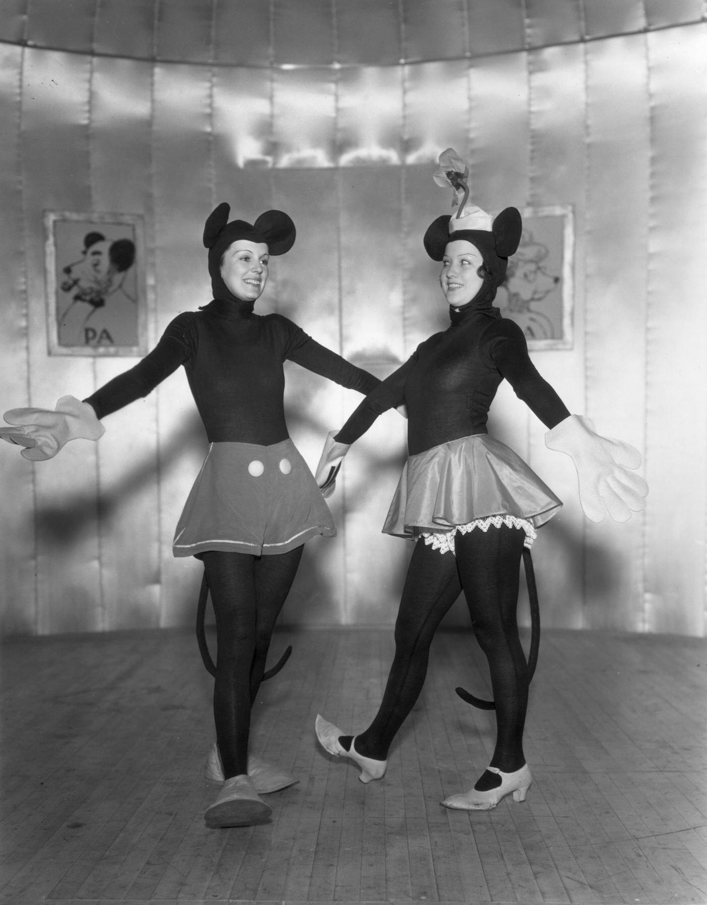 Hilda Knight and Evelyn Dall as Mickey and Minnie Mouse in a production of ‘Monte Carlo Follies’ at the Grosvenor House Hotel, London, 1934.