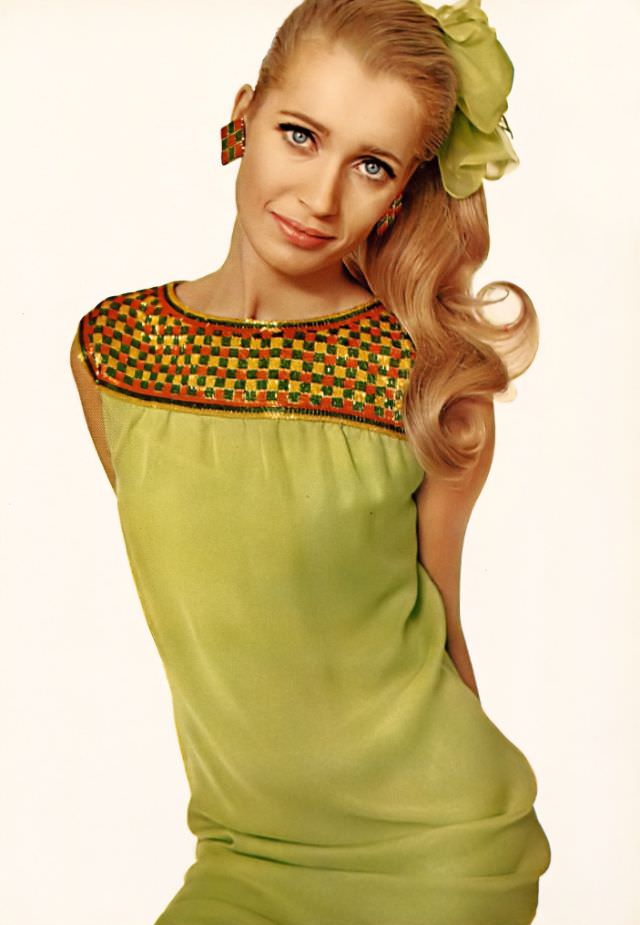 #34 Isa Stoppi in celery-green short silk chiffon smock with sparkling orange and green beaded yoke by Mollie Parnis, earrings by Charles Elkaim, Harper’s Bazaar, February 1966