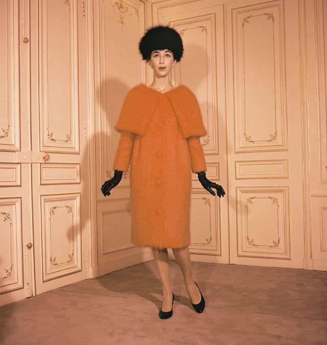 #7 Orange mohair wool coat by Pierre Cardin. Fall-Winter 1958-1959.