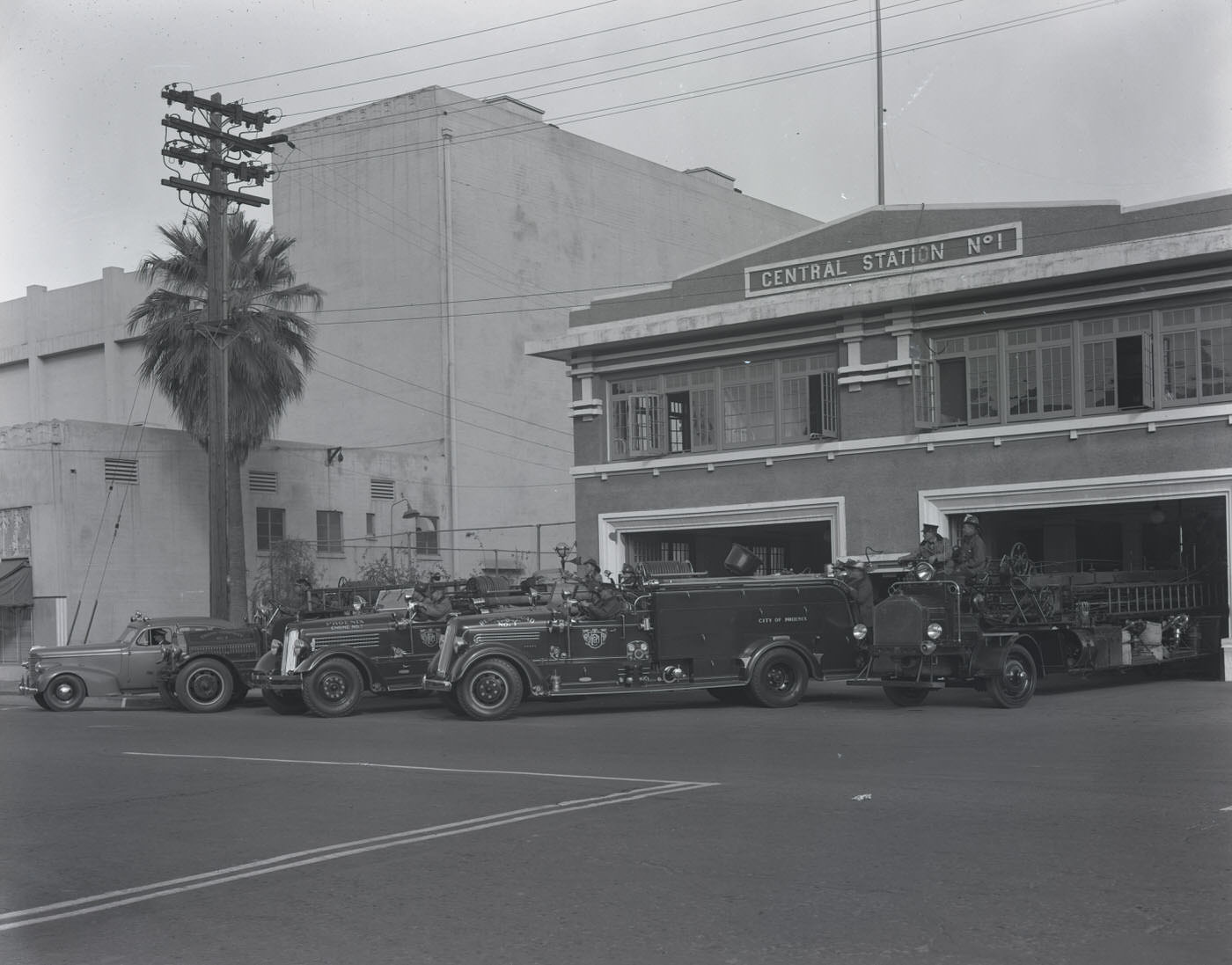 #107 Phoenix Fire Department Central Station #1 with Fire Trucks Parked in Front, 1930s