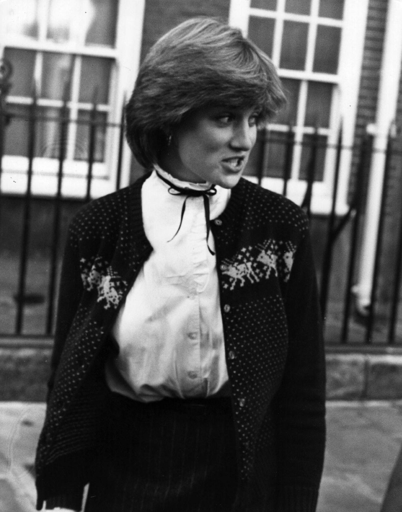 #23 Lady Diana Spencer, fiancee to the Prince of Wales and younger daughter to the Earl of Spencer, outside her flat in Earls Court.
