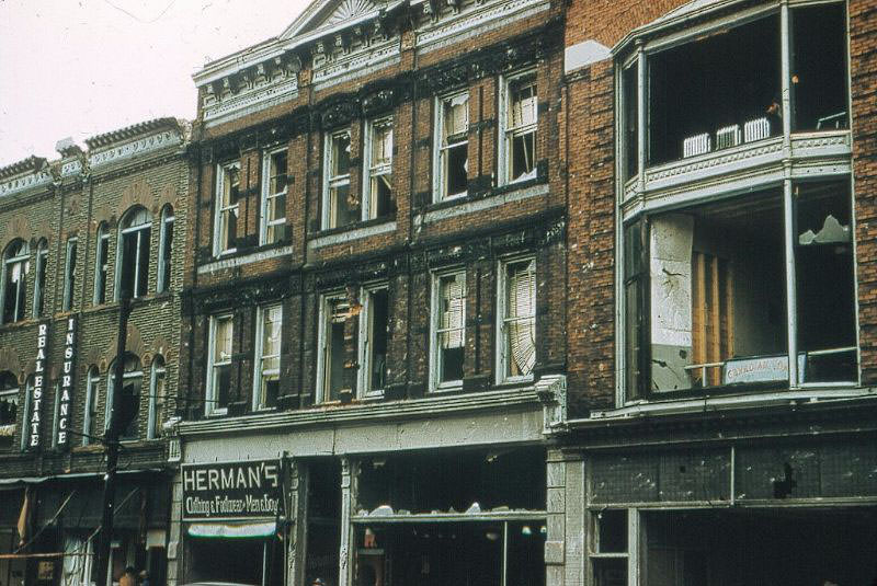 #4 East side of Front St. between Lochiel and Cromwell Sts. showing tornado damage to the Barr building and the Mackenzie-Milne building