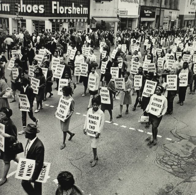 #22 Memorial March after assassination of MLK, Main St Memphis, 1968.