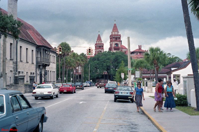 #13 Cathedral Place, looking west. View is toward the old Ponce de Leon Hotel, now Flagler College. The Government House is on the left, St. Augustine, 1986
