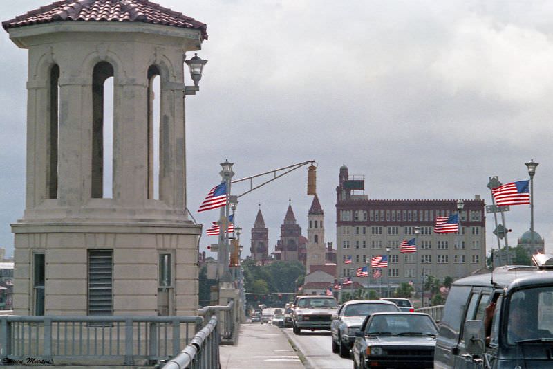#8 Bridge of Lions looking west toward the city skyline from the center of the bridge, St. Augustine, 1986