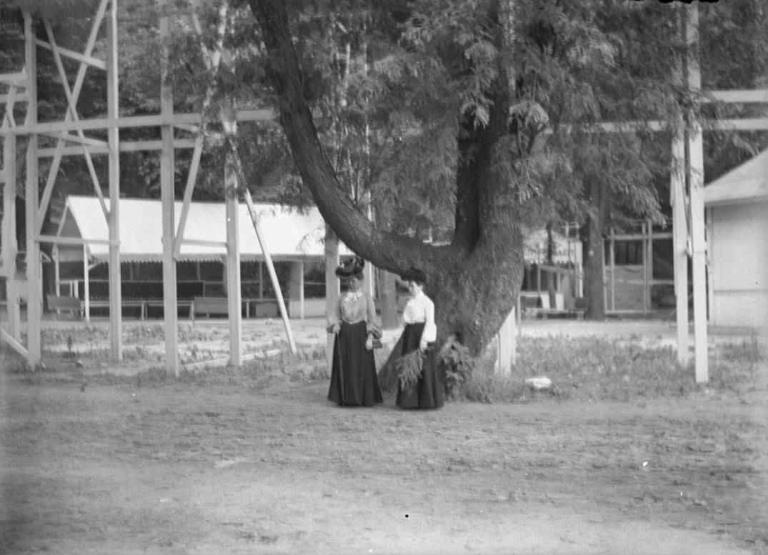 #128 Two women standing by a large, misshapen tree near a tall, wooden structure, 1900.