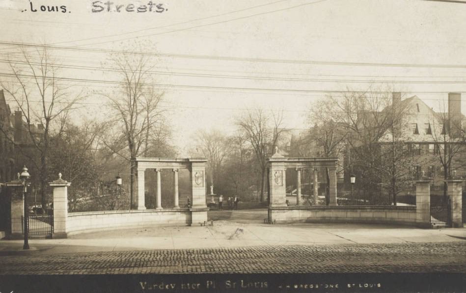 #173 The entrance gates to Vandeventer Place, one of St. Louis exclusive, private residential streets, 1900