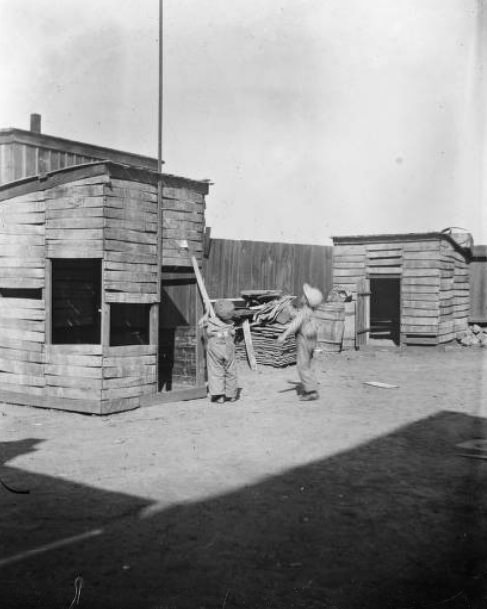 #227 Children and chicken coop, 1900