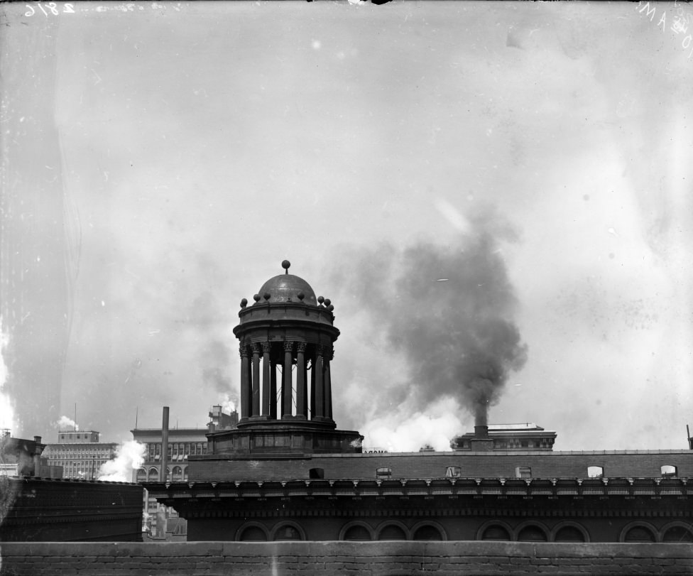 #67 A rooftop view of the domed bell tower at the top of the Jaccard Building, 1900