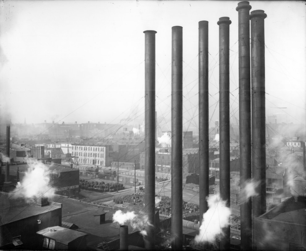 #47 Smokestacks against an industrial background, 1900