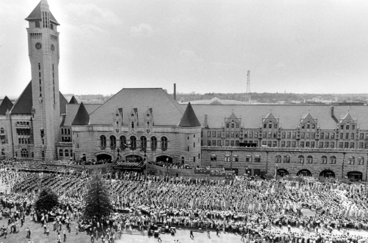 #100 Overall view of Union Station as world’s largest marching band, some 5000 strong, marches through, 1985