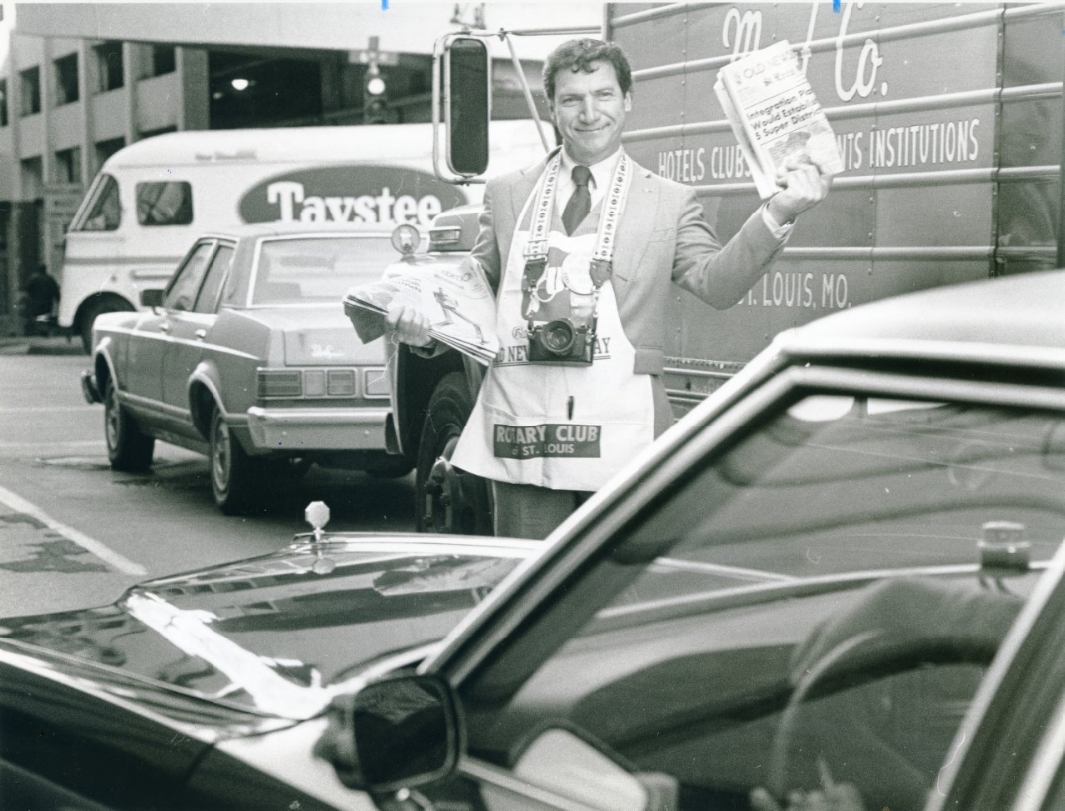 #169 Joe Pieri, a Downtown Rotary Club member, took to the corner at 6th and Pine streets, 1981