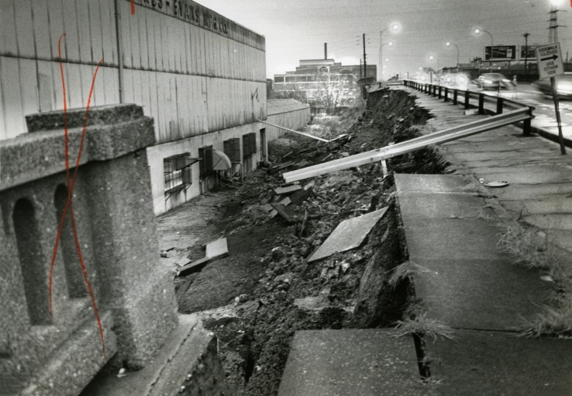 #66 The retaining wall on the Union Boulevard bridge collapsed Nov. 26, taking a sidewalk and part of the boulevard’s northbound lanes with it, 1983