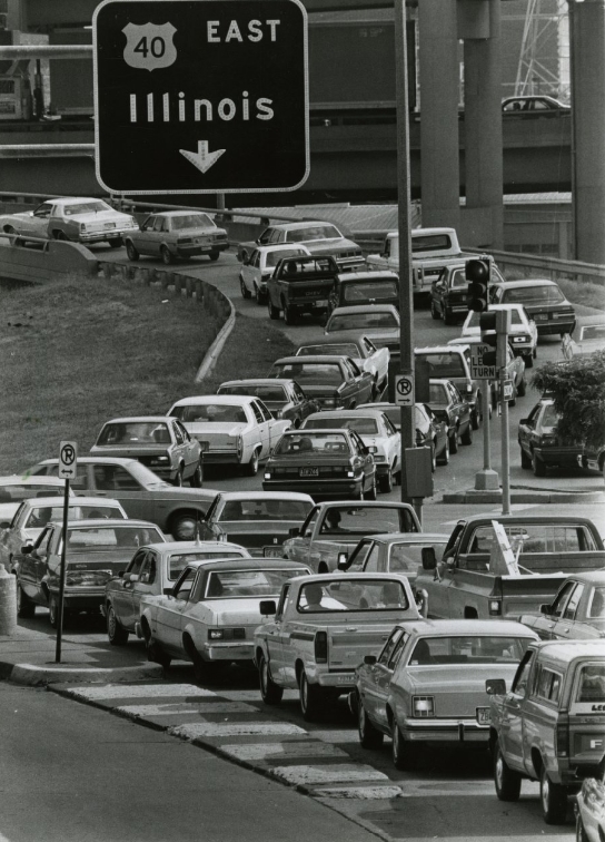 #74 Heavy Traffic On Poplar Street Bridge Toward Prairie State, 1986