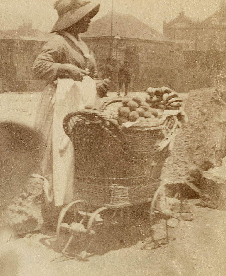 #9 Woman selling fruit from small barrow Sydney, 1880s