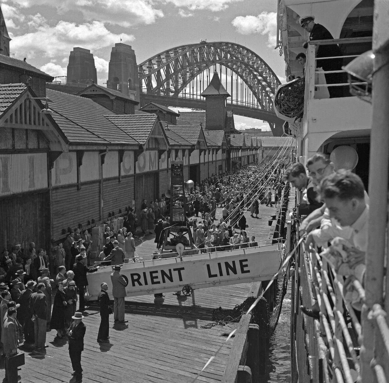 #106 Orient Line passenger ship about to set sail and leave the Overseas Passenger Terminal at Circular Quay, Sydney Harbour, 1960s