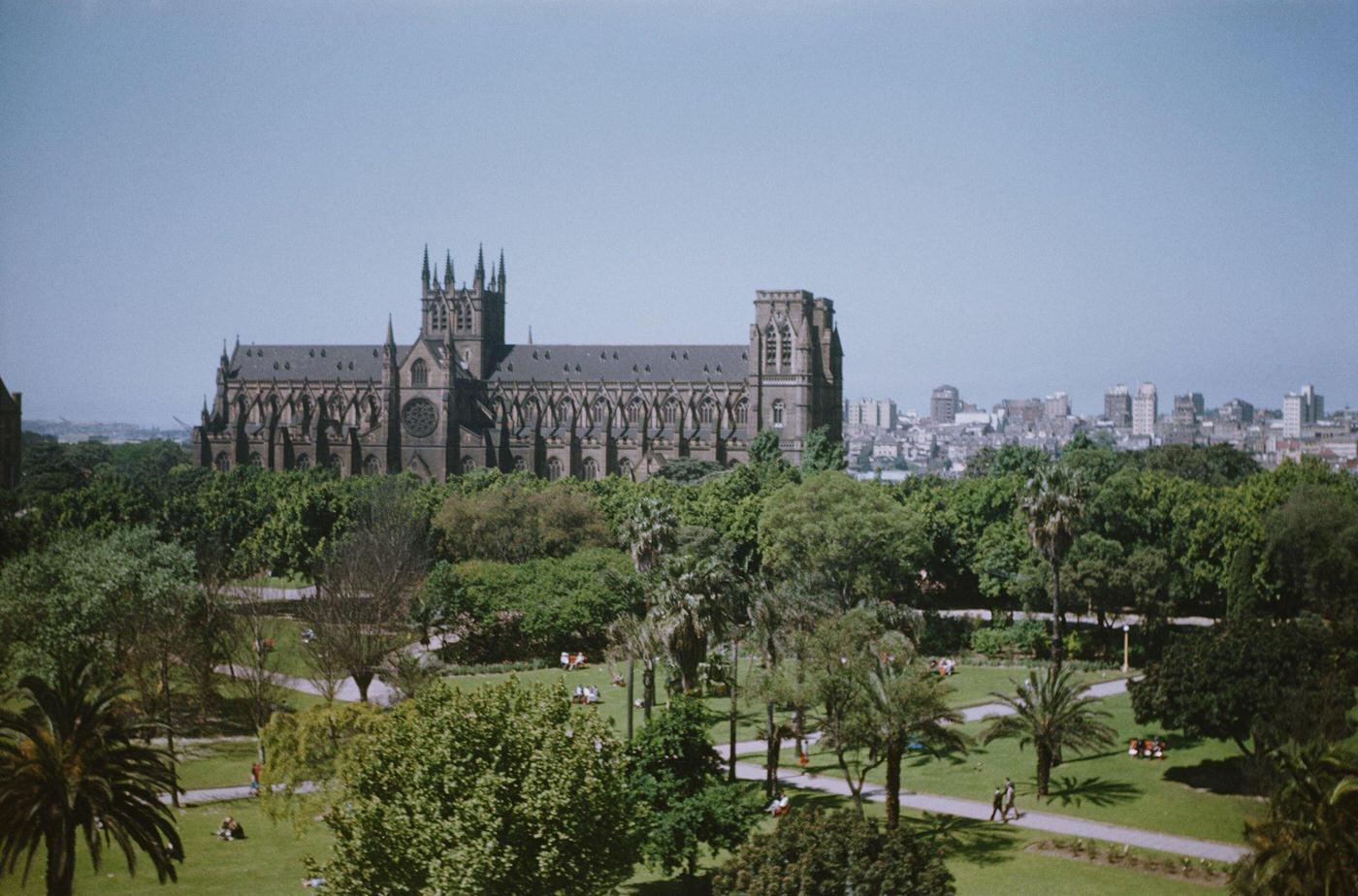 #92 St Mary’s Cathedral in Sydney, Australia, seen from Hyde Park, 1965.