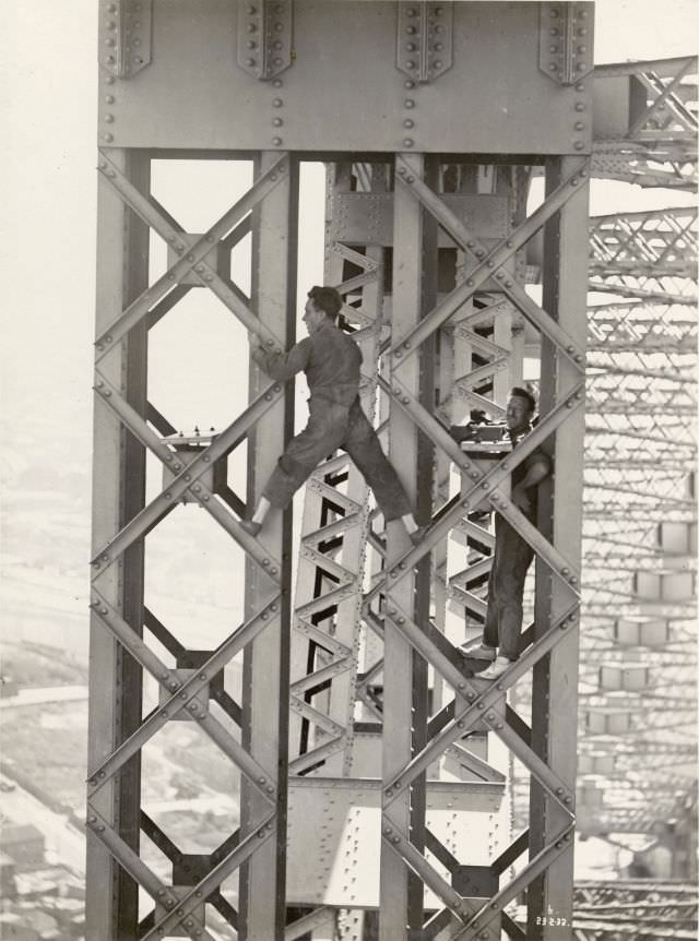 #29 Taking strain measurements on post, February 23, 1932
