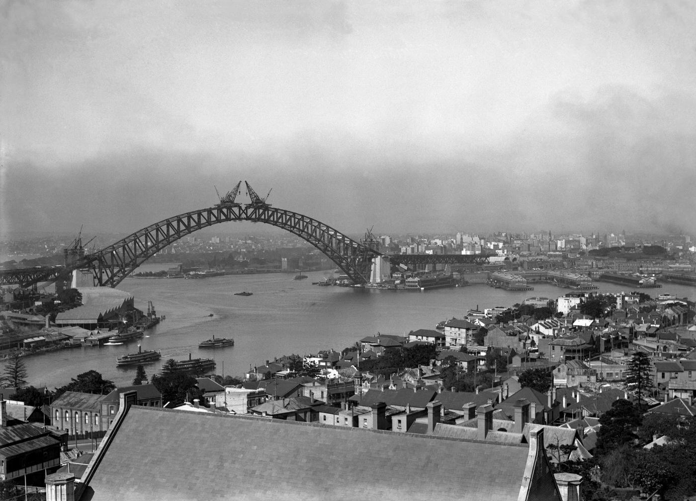#36 Constructing Sydney Harbor Bridge. View from North Sydney. August 12th, 1930.
