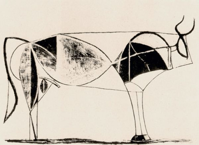 #7 Plate 7: As Picasso recognizes the balance of form in the bull, he starts to remove and simplify some of the lines of construction that have served their function.