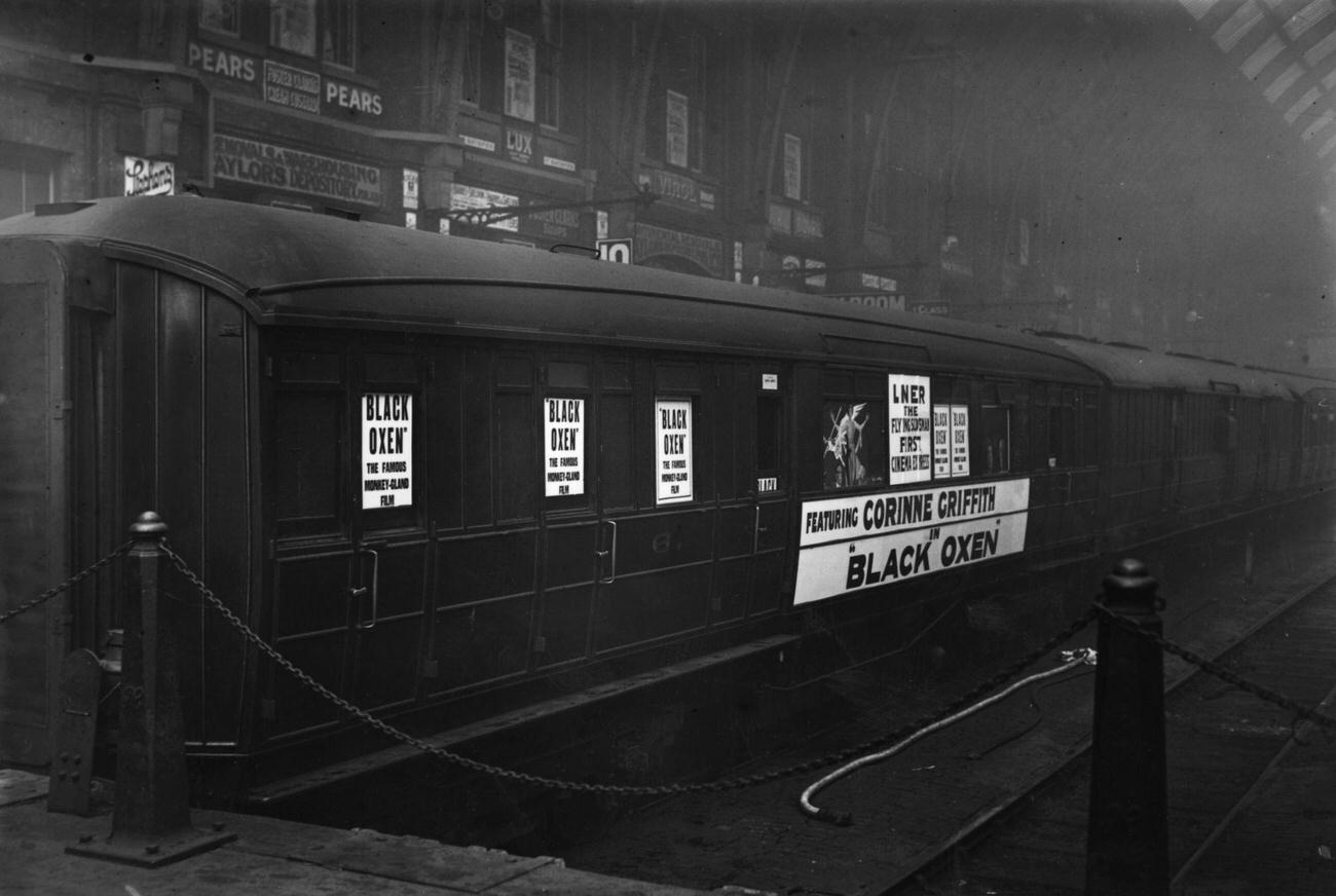 The exterior of the Flying Scotsman cinema car at King’s Cross Station, London, 1924