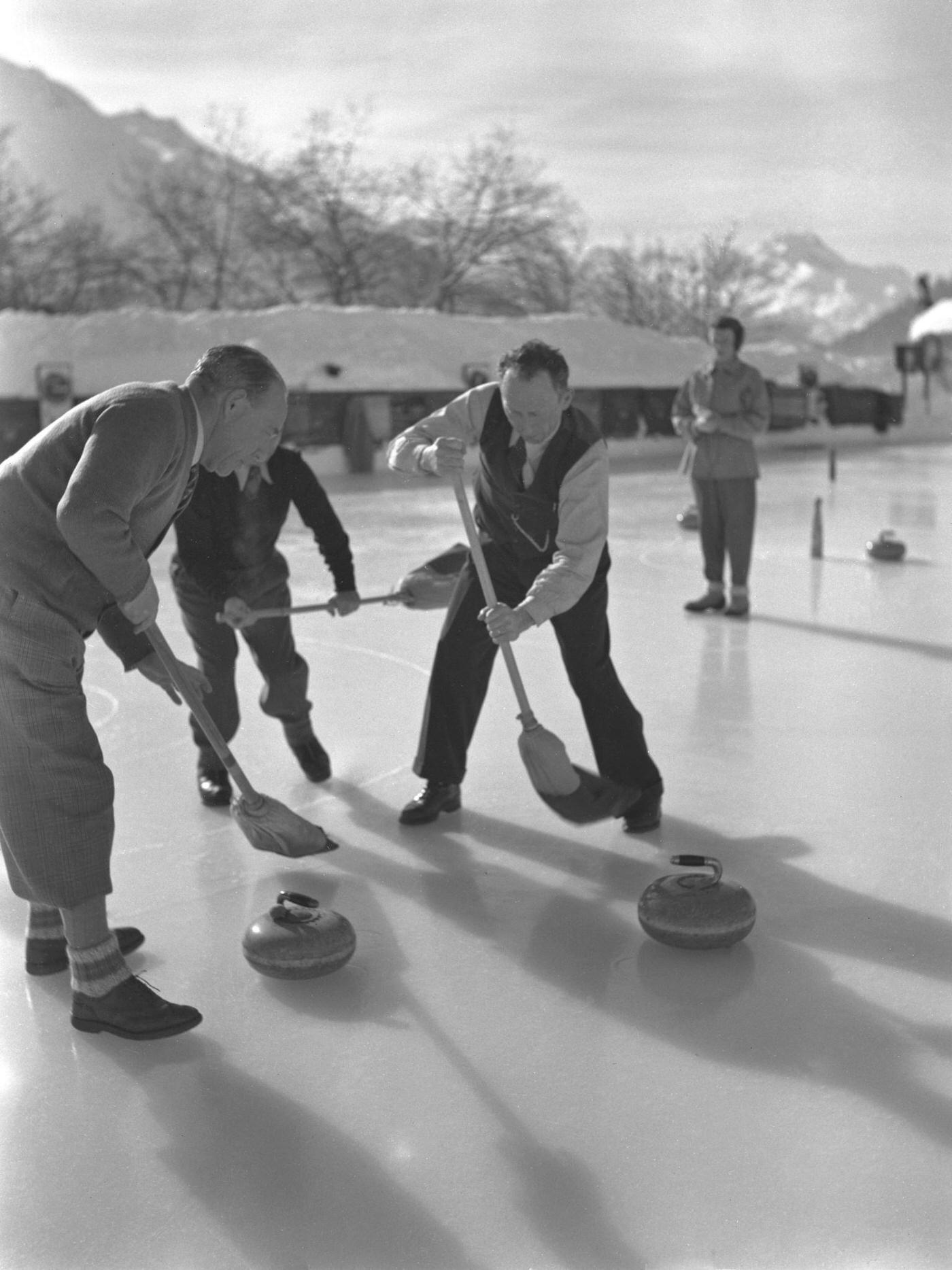 #48 Curling Game on ice in St Moritz fot the Winter Olympics Games, 1950s.